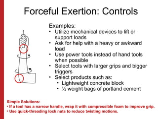 Forceful Exertion: Controls
Examples:
• Utilize mechanical devices to lift or
support loads
• Ask for help with a heavy or awkward
load
• Use power tools instead of hand tools
when possible
• Select tools with larger grips and bigger
triggers
• Select products such as:
• Lightweight concrete block
• ½ weight bags of portland cement
Simple Solutions:
• If a tool has a narrow handle, wrap it with compressible foam to improve grip.
• Use quick-threading lock nuts to reduce twisting motions.
 