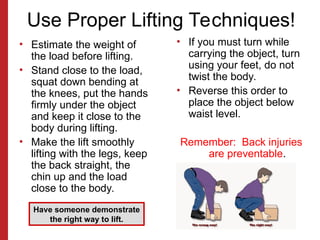 Use Proper Lifting Techniques!
• Estimate the weight of
the load before lifting.
• Stand close to the load,
squat down bending at
the knees, put the hands
firmly under the object
and keep it close to the
body during lifting.
• Make the lift smoothly
lifting with the legs, keep
the back straight, the
chin up and the load
close to the body.
• If you must turn while
carrying the object, turn
using your feet, do not
twist the body.
• Reverse this order to
place the object below
waist level.
Remember: Back injuries
are preventable.
Have someone demonstrate
the right way to lift.
 