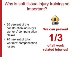 Why is soft tissue injury training so
important?
• 30 percent of the
construction industry’s
workers’ compensation
claims
• 70 percent of total
workers’ compensation
losses
We can prevent
1/3
of all work
related injuries!
 