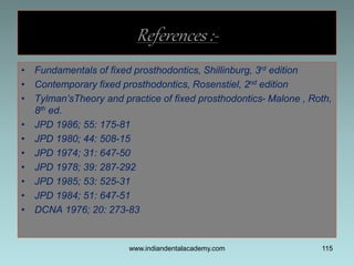 • Fundamentals of fixed prosthodontics, Shillinburg, 3rd edition
• Contemporary fixed prosthodontics, Rosenstiel, 2nd edit...