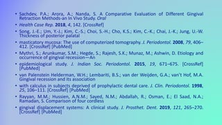 • Sachdev, P.A.; Arora, A.; Nanda, S. A Comparative Evaluation of Different Gingival
Retraction Methods-an In Vivo Study. Oral
• Health Case Rep. 2018, 4, 142. [CrossRef]
• Song, J.-E.; Um, Y.-J.; Kim, C.-S.; Choi, S.-H.; Cho, K.S.; Kim, C.-K.; Chai, J.-K.; Jung, U.-W.
Thickness of posterior palatal
• masticatory mucosa: The use of computerized tomography. J. Periodontol. 2008, 79, 406–
412. [CrossRef] [PubMed]
• Mythri, S.; Arunkumar, S.M.; Hegde, S.; Rajesh, S.K.; Munaz, M.; Ashwin, D. Etiology and
occurrence of gingival recession—An
• epidemiological study. J. Indian Soc. Periodontol. 2015, 19, 671–675. [CrossRef]
[PubMed]
• van Palenstein Helderman, W.H.; Lembariti, B.S.; van der Weijden, G.A.; van’t Hof, M.A.
Gingival recession and its association
• with calculus in subjects deprived of prophylactic dental care. J. Clin. Periodontol. 1998,
25, 106–111. [CrossRef] [PubMed]
• Rayyan, M.M.; Hussien, A.N.M.; Sayed, N.M.; Abdallah, R.; Osman, E.; El Saad, N.A.;
Ramadan, S. Comparison of four cordless
• gingival displacement systems: A clinical study. J. Prosthet. Dent. 2019, 121, 265–270.
[CrossRef] [PubMed]
 