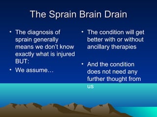 The Sprain Brain DrainThe Sprain Brain Drain
• The diagnosis of
sprain generally
means we don’t know
exactly what is injured
BUT:
• We assume…
• The condition will get
better with or without
ancillary therapies
• And the condition
does not need any
further thought from
us
 