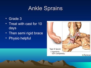 Ankle SprainsAnkle Sprains
• Grade 3
• Treat with cast for 10
days
• Then semi rigid brace
• Physio helpful
 