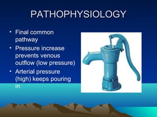 PATHOPHYSIOLOGYPATHOPHYSIOLOGY
• Final common
pathway
• Pressure increase
prevents venous
outflow (low pressure)
• Arterial pressure
(high) keeps pouring
in
 