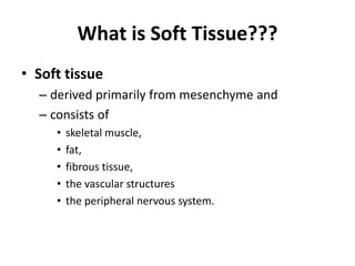 What is Soft Tissue??? 
• Soft tissue 
– derived primarily from mesenchyme and 
– consists of 
• skeletal muscle, 
• fat, 
• fibrous tissue, 
• the vascular structures 
• the peripheral nervous system. 
 