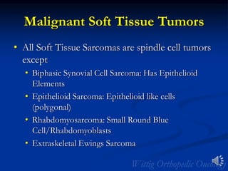 Malignant Soft Tissue Tumors
• All Soft Tissue Sarcomas are spindle cell tumors
except
• Biphasic Synovial Cell Sarcoma: Has Epithelioid
Elements
• Epithelioid Sarcoma: Epithelioid like cells
(polygonal)
• Rhabdomyosarcoma: Small Round Blue
Cell/Rhabdomyoblasts
• Extraskeletal Ewings Sarcoma
 