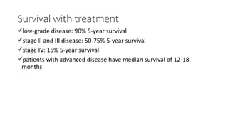Survival with treatment
low-grade disease: 90% 5-year survival
stage II and III disease: 50-75% 5-year survival
stage IV: 15% 5-year survival
patients with advanced disease have median survival of 12-18
months
 