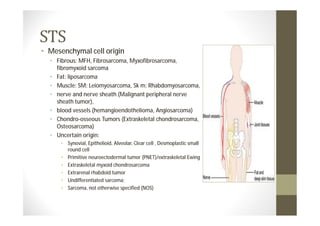 • Mesenchymal cell origin
  • Fibrous: MFH, Fibrosarcoma, Myxofibrosarcoma,
    fibromyxoid sarcoma
  • Fat: liposarcoma
  • Muscle: SM: Leiomyosarcoma, Sk m: Rhabdomyosarcoma,
  • nerve and nerve sheath (Malignant peripheral nerve
    sheath tumor),
  • blood vessels (hemangioendothelioma, Angiosarcoma)
  • Chondro-osseous Tumors (Extraskeletal chondrosarcoma,
    Osteosarcoma)
  • Uncertain origin:
      • Synovial, Epithelioid, Alveolar, Clear cell , Desmoplastic small
        round cell
      • Primitive neuroectodermal tumor (PNET)/extraskeletal Ewing
      • Extraskeletal myxoid chondrosarcoma
      • Extrarenal rhabdoid tumor
      • Undifferentiated sarcoma;
      • Sarcoma, not otherwise specified (NOS)
 