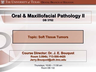 Oral & Maxillofacial Pathology II
                    DB 3702




       Topic: Soft Tissue Tumors




    Course Director: Dr. J. E. Bouquot
         Room 3.094b; 713-500-4420
         Jerry.Bouquot@uth.tmc.edu

            Thursdays, 10:00 – 11:50 am
                  Room DB 132
 