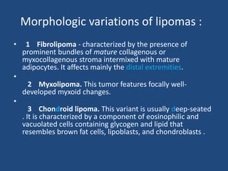 Morphologic variations of lipomas :
• 1 Fibrolipoma - characterized by the presence of
prominent bundles of mature collagenous or
myxocollagenous stroma intermixed with mature
adipocytes. It affects mainly the distal extremities.
•
2 Myxolipoma. This tumor features focally well-
developed myxoid changes.
•
3 Chondroid lipoma. This variant is usually deep-seated
. It is characterized by a component of eosinophilic and
vacuolated cells containing glycogen and lipid that
resembles brown fat cells, lipoblasts, and chondroblasts .
 