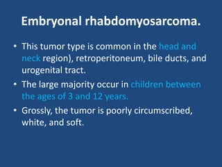 Embryonal rhabdomyosarcoma.
• This tumor type is common in the head and
neck region), retroperitoneum, bile ducts, and
urogenital tract.
• The large majority occur in children between
the ages of 3 and 12 years.
• Grossly, the tumor is poorly circumscribed,
white, and soft.
 