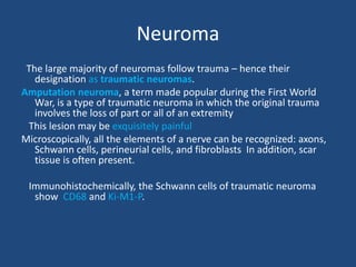 Schwannoma (neurilemoma)
• Truly encapsulated neoplasms
• Almost always solitary
• Its most common locations are the flexo...