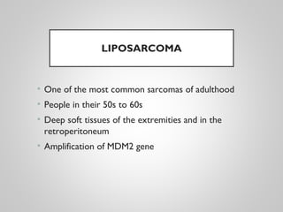 LIPOSARCOMA
• One of the most common sarcomas of adulthood
• People in their 50s to 60s
• Deep soft tissues of the extremities and in the
retroperitoneum
• Amplification of MDM2 gene
 