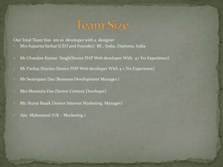 Our Total Team Size are 10 developer with a designer 
 Mrs Suparna Sarkar (CEO and Founder) BE , India, Diploma, India 
 Mr Chandan Kumar Singh(Senior PHP Web developer With 4+ Yrs Experience) 
 Mr Pankaj Sharma (Senior PHP Web developer With 4 + Yrs Experience) 
 Mr Swarupam Das (Business Development Manager ) 
 Mrs.Moumita Das (Senior Content Developer) 
 Mr. Atanu Basak (Senior Internet Marketing Manager) 
 Ajiz Mahmmod (UK – Marketing ) 
 