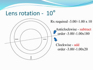 Lens rotation - 10°
Rx required -3.00/-1.00 x 10
Anticlockwise - subtract
order -3.00/-1.00x180
Clockwise - add
order -3.00/-1.00x20
 