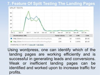 7. Feature Of Spilt Testing The Landing Pages
Using wordpress, one can identify which of the
landing pages are working efficiently and is
successful in generating leads and conversions.
Weak or inefficient landing pages can be
identified and worked upon to increase traffic for
profits.
 