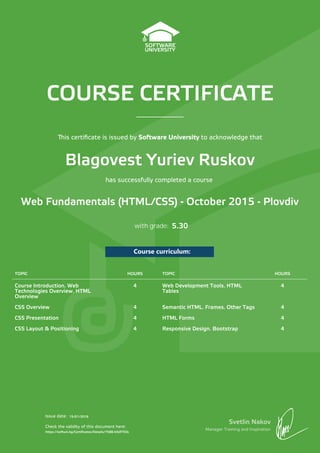 COURSE CERTIFICATE
Svetlin Nakov
Manager Training and Inspiration
Issue date:
Check the validity of this document here:
Course curriculum:
is certiﬁcate is issued by Software University to acknowledge that
has successfully completed a course
with grade:
TOPIC HOURS TOPIC HOURS
Course Introduction. Web
Technologies Overview. HTML
Overview
4 Web Development Tools. HTML
Tables
4
CSS Overview 4 Semantic HTML. Frames. Other Tags 4
CSS Presentation 4 HTML Forms 4
CSS Layout & Positioning 4 Responsive Design. Bootstrap 4
Blagovest Yuriev Ruskov
Web Fundamentals (HTML/CSS) - October 2015 - Plovdiv
15/01/2016
https://softuni.bg/Certificates/Details/7588/e5df703c
5.30
 