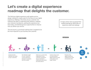 DIGITALEXPERIENCEAUDIT
Let’s create a digital experience
roadmap that delights the customer.
The Softvision digital experience audit applies service
design methods to create a plan for the future of your digital
experience: Walking in the shoes of your customer and
looking at the data to understand their behavior, mapping
your customer touchpoints, auditing the experience you
have today, and identifying future opportunities to improve
how you deliver your service.
The end result is a prioritized roadmap that is targeted to be
the most impactful to your business and customer.
Understand the
lifestyles and needs
of your customers.
Get detailed insight
on your customer’s
current experience
and how it compares
with the market.
Audit your current state,
mapping all of your
customer touchpoints
across channels to
understand what works
and what doesn’t.
Create a future view
of a personalized
digital experience that
is focused on your
target market.
Prioritize Your
digital experience
roadmap and create
an execution plan.
DISCOVER
DESIGN
Build,
Test,
Design
A major airline client increased their
mobile bookings by 190% after an
experience audit and redesign.
 