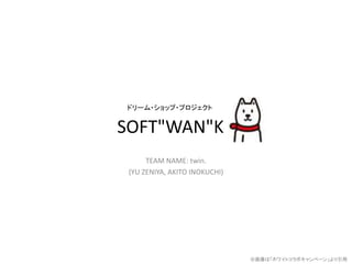 TEAM NAME: twin.
(YU ZENIYA, AKITO INOKUCHI)
ドリーム・ショップ・プロジェクト
SOFT"WAN"K
※画像は「ホワイトコラボキャンペーン」より引用
 