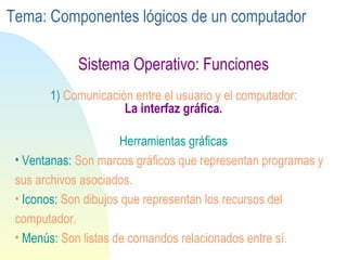 Sistema Operativo: Funciones 1)  Comunicación entre el usuario y el computador:   La interfaz gráfica. Herramientas gráficas Ventanas:  Son marcos gráficos que representan programas y sus archivos asociados. Iconos:  Son dibujos que representan los recursos del computador.  Menús:  Son listas de comandos relacionados entre sí. Tema: Componentes lógicos de un computador 