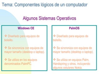 Algunos Sistemas Operativos PalmOS Diseñado para equipos de bolsillo. Se sincroniza con equipos de mayor tamaño (desktop o laptop). Se utiliza en equipos Palm, Handspring y otros, incluyendo algunos celulares Nokia.  Tema: Componentes lógicos de un computador Windows CE Diseñado para equipos de bolsillo. Se sincroniza con equipos de mayor tamaño (desktop o laptop). Se utiliza en los equipos denominados PalmPC. 