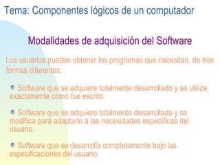 Modalidades de adquisición del Software Software que se adquiere totalmente desarrollado y se utiliza exactamente como fue escrito. Software que se adquiere totalmente desarrollado y se modifica para adaptarlo a las necesidades específicas del usuario. Software que se desarrolla completamente bajo las especificaciones del usuario. Los usuarios pueden obtener los programas que necesitan, de tres formas diferentes: Tema: Componentes lógicos de un computador 