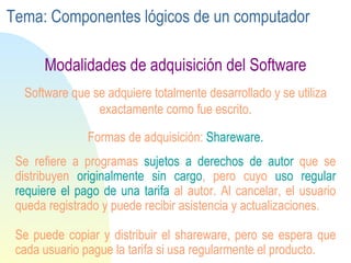 Se refiere a programas   sujetos a derechos de autor  que se  distribuyen   originalmente   sin  cargo , pero  cuyo  uso regular requiere  el  pago de  una tarifa   al autor . Al cancelar, el usuario queda registrado y puede recibir asistencia y actualizaciones. Se  puede copiar  y distribuir el  shareware, pero se espera que  cada usuario   pague   la  tarifa si  usa regularmente  el producto. Software que se adquiere totalmente desarrollado y se utiliza exactamente como fue escrito. Formas de adquisición:  Shareware. Modalidades de adquisición del Software Tema: Componentes lógicos de un computador 