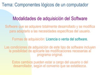 Las condiciones de adquisición de este tipo de software incluyen la posibilidad de aplicarle las modificaciones necesarias al programa original . Estos cambios pueden estar a cargo del usuario o del desarrollador, según el convenio que se establezca. Software que se adquiere totalmente desarrollado y se modifica para adaptarlo a las necesidades específicas del usuario. Formas de adquisición:  Licencia o venta del software. Modalidades de adquisición del Software Tema: Componentes lógicos de un computador 