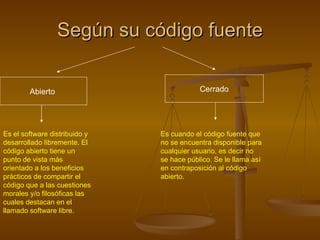 Según su código fuente Abierto  Cerrado Es el software distribuido y desarrollado libremente. El código abierto tiene un punto de vista más orientado a los beneficios prácticos de compartir el código que a las cuestiones morales y/o filosóficas las cuales destacan en el llamado software libre.  Es cuando el código fuente que no se encuentra disponible para cualquier usuario, es decir no se hace público. Se le llama así en contraposición al código abierto. 