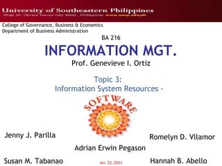 Jan. 22, 2011 College of Governance, Business & Economics Department of Business Administration BA 216 INFORMATION MGT. Prof. Genevieve I. Ortiz Topic 3:  Information System Resources - Adrian Erwin Pegason Romelyn D. Vllamor Hannah B. Abello Jenny J. Parilla Susan M. Tabanao 