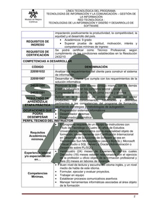 LÍNEA TECNOLÓGICA DEL PROGRAMA:
                    TECNOLOGÍAS DE INFORMACIÓN Y LA COMUNICACIÓN – GESTIÓN DE
                                          LA INFORMACIÓN
 Modelo de Mejora                       RED TECNOLÓGICA :
    Continua
                     TECNOLOGÍAS DE LA INFORMACIÓN Y DISEÑO Y DESARROLLO DE
                                             SOFTWARE

                         impactando positivamente la productividad, la competitividad, la
                         equidad y el desarrollo del país.
                                Académicos: 9 grado
  REQUISITOS DE
    INGRESO                     Superar prueba de aptitud, motivación, interés y
                                competencias mínimas de ingreso
                         Se podrá certificar como Técnico Profesional, según
  REQUISITOS DE
                         cumplimiento de las condiciones establecidas en la Resolución
  CERTIFICACIÓN
                         2432/10
COMPETENCIAS A DESARROLLAR
       CÓDIGO                                   DENOMINACIÓN
      220501032      Analizar los requerimientos del cliente para construir el sistema
                     de información
      220501007      Desarrollar el sistema que cumpla con los requerimientos de la
                     solución informática.
      240201500      Promover la interacción idónea consigo mismo, con los demás
                     y con la naturaleza en los contextos laboral y social
      240201501      Comprender textos en inglés en forma escrita y auditiva
                     Aplicar en la resolución de problemas reales del sector
  RESULTADO DE
                     productivo, los conocimientos, habilidades y destrezas
   APRENDIZAJE
                     pertinentes a las competencias del programa de formación,
 ETAPA PRÁCTICA
                     asumiendo estrategias y metodologías de autogestión.
OCUPACIONES QUE          Programador sistemas informáticos
       PODRA             Desarrollador sistemas
   DESEMPEÑAR            Programador informática
PERFIL TECNICO DEL INSTRUCTOR
                         El programa requiere de un equipo de instructores con
                         Título de Tecnólogo o Cuatro (4) años de Estudios
      Requisitos         Universitarios, relacionados con la especialidad objeto de
                         formación, preferiblemente con Certificación Internacional
     Académicos
                         en Desarrollo de Soluciones de Software ya sea en
       mínimos.
                         Tecnologías Sun Microsystems (Java o MySQL), Microsoft
                         (Visual Studio o SQL Server) u Oracle (Administración o
                         Desarrollo sobre PL/SQL)
                         Veinticuatro (24) meses de Experiencia: de los cuales
 Experiencia laboral
                         Dieciocho (18) meses estarán relacionados con el ejercicio
 y/o especialización
                         de la profesión u oficio objeto de la formación profesional y
         en…
                         Seis (6) meses en labores de docencia.
                         Buen nivel de lectura y escucha del idioma inglés, y un nivel
                         medio de habla de este idioma.
                         Formular, ejecutar y evaluar proyectos.
   Competencias
                         Trabajar en equipo
       Mínimas.
                         Establecer procesos comunicativos asertivos
                         Manejar herramientas informáticas asociadas al área objeto
                         de la formación


                                                                                      2
 