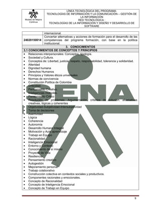 LÍNEA TECNOLÓGICA DEL PROGRAMA:
                    TECNOLOGÍAS DE INFORMACIÓN Y LA COMUNICACIÓN – GESTIÓN DE
                                          LA INFORMACIÓN
 Modelo de Mejora                       RED TECNOLÓGICA :
    Continua
                     TECNOLOGÍAS DE LA INFORMACIÓN Y DISEÑO Y DESARROLLO DE
                                             SOFTWARE

                 internacional.
                 Concertar alternativas y acciones de formación para el desarrollo de las
24020150014 competencias del programa formación, con base en la política
                 institucional.
                                  3. CONOCIMIENTOS
3.1 CONOCIMIENTOS DE CONCEPTOS Y PRINCIPIOS
    Relaciones interpersonales: Conceptos, tipología.
    Sociedad y Cultura.
    Conceptos de: Libertad, justicia, respeto, responsabilidad, tolerancia y solidaridad.
    Alteridad
    Dignidad humana
    Derechos Humanos
    Principios y Valores éticos universales
    Normas de convivencia
    Constitución Política de Colombia
    Criticidad.
    Pensamiento Creativo.
    Inteligencias múltiples.
    Pensamiento Critico
    Resolución de problemas: Argumentación, criterios de solución. alternativas
    creativas, lógicas y coherentes
    Objetividad-Subjetividad-Intersubjetividad
    Toma de decisiones
    Asertividad
    Lógica
    Coherencia
    Autonomía
    Desarrollo Humano Integral
    Motivación y Auto aprendizaje
    Trabajo en Equipo
    Racionalidad
    Inteligencia Emocional
    Entorno y Contexto
    Conocimiento de sí mismo
    Proyecto de Vida
    Resiliencia
    Pensamiento creativo
    Autogestión
    Mejoramiento personal
    Trabajo colaborativo
    Construcción colectiva en contextos sociales y productivos.
    Componentes racionales y emocionales.
    Concepto de Racionalidad
    Concepto de Inteligencia Emocional
    Concepto de Trabajo en Equipo


                                                                                      9
 