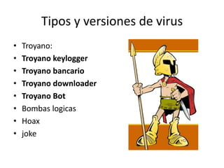 Tipos y versiones de virusTroyano:Troyano keyloggerTroyano bancarioTroyano downloaderTroyano BotBombas logicasHoaxjoke