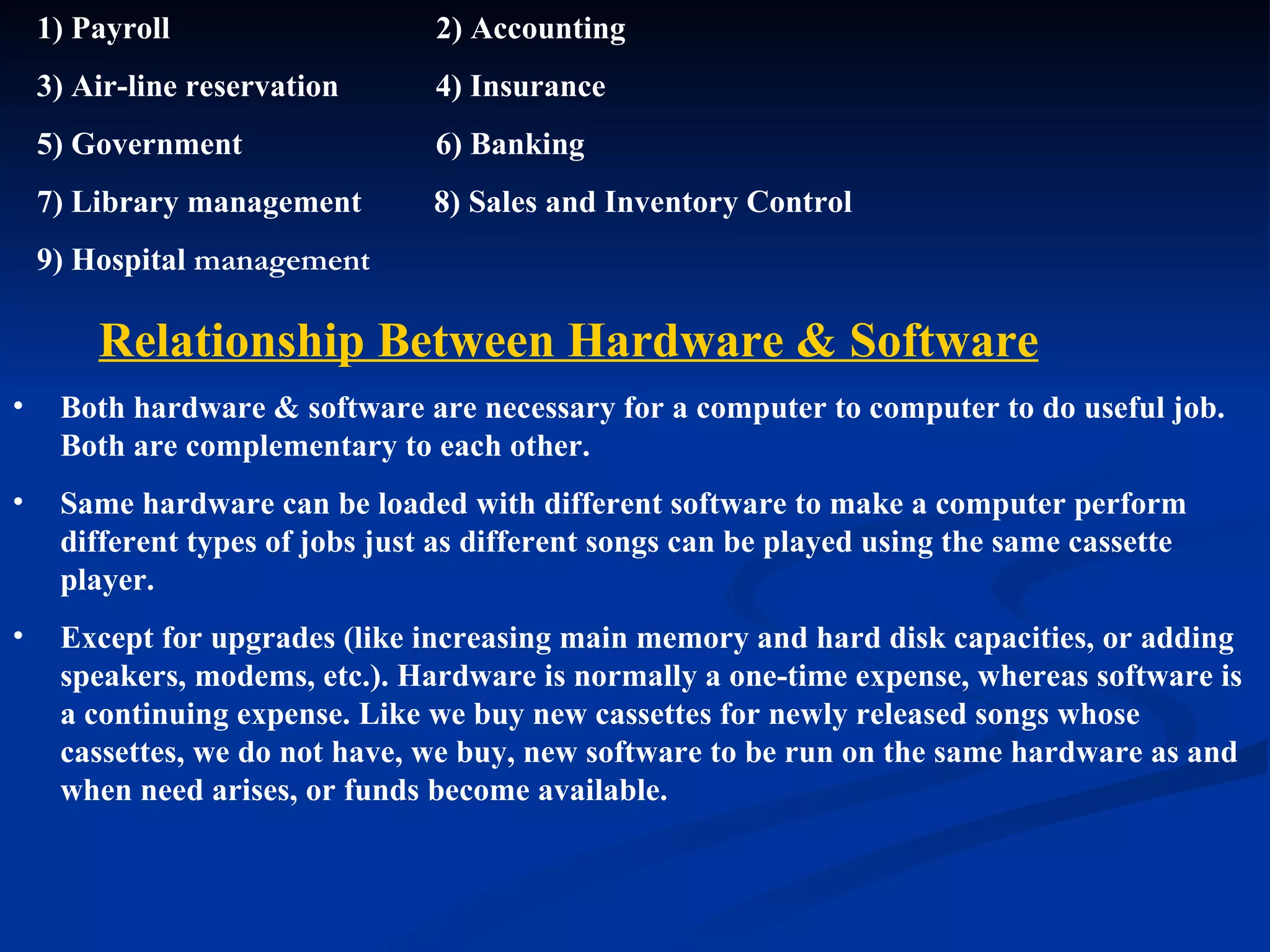 1) Payroll                   2) Accounting
    3) Air-line reservation      4) Insurance
    5) Government                6) Banking
    7) Library management        8) Sales and Inventory Control
    9) Hospital management

        Relationship Between Hardware & Software
•    Both hardware & software are necessary for a computer to computer to do useful job.
     Both are complementary to each other.
•    Same hardware can be loaded with different software to make a computer perform
     different types of jobs just as different songs can be played using the same cassette
     player.
•    Except for upgrades (like increasing main memory and hard disk capacities, or adding
     speakers, modems, etc.). Hardware is normally a one-time expense, whereas software is
     a continuing expense. Like we buy new cassettes for newly released songs whose
     cassettes, we do not have, we buy, new software to be run on the same hardware as and
     when need arises, or funds become available.
 