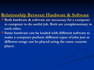 Relationship Between Hardware & Software
 Both hardware & software are necessary for a computer
  to computer to do useful job. Both are complementary to
  each other.
 Same hardware can be loaded with different software to
  make a computer perform different types of jobs just as
  different songs can be played using the same cassette
  player.
 