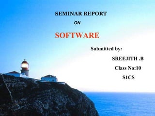 SEMINAR REPORT
     ON


SOFTWARE
          Submitted by:
                  SREEJITH .B
                   Class No:10
                          S1CS
 