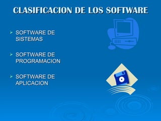 CLASIFICACION DE LOS SOFTWARE

   SOFTWARE DE
    SISTEMAS

   SOFTWARE DE
    PROGRAMACION

   SOFTWARE DE
    APLICACION
 