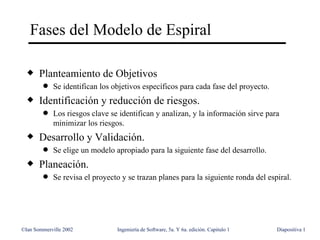Fases del Modelo de Espiral

  x    Planteamiento de Objetivos
        q   Se identifican los objetivos específicos para c...