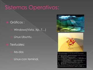  Gráficos :
› Windows(Vista, Xp, 7…)
› Linux Ubuntu.
 Textuales:
› Ms-dos
› Linux con teminal.
 
