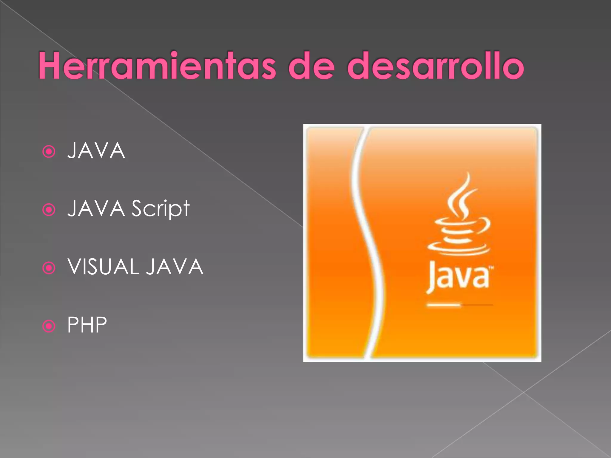  JAVA
 JAVA Script
 VISUAL JAVA
 PHP
 