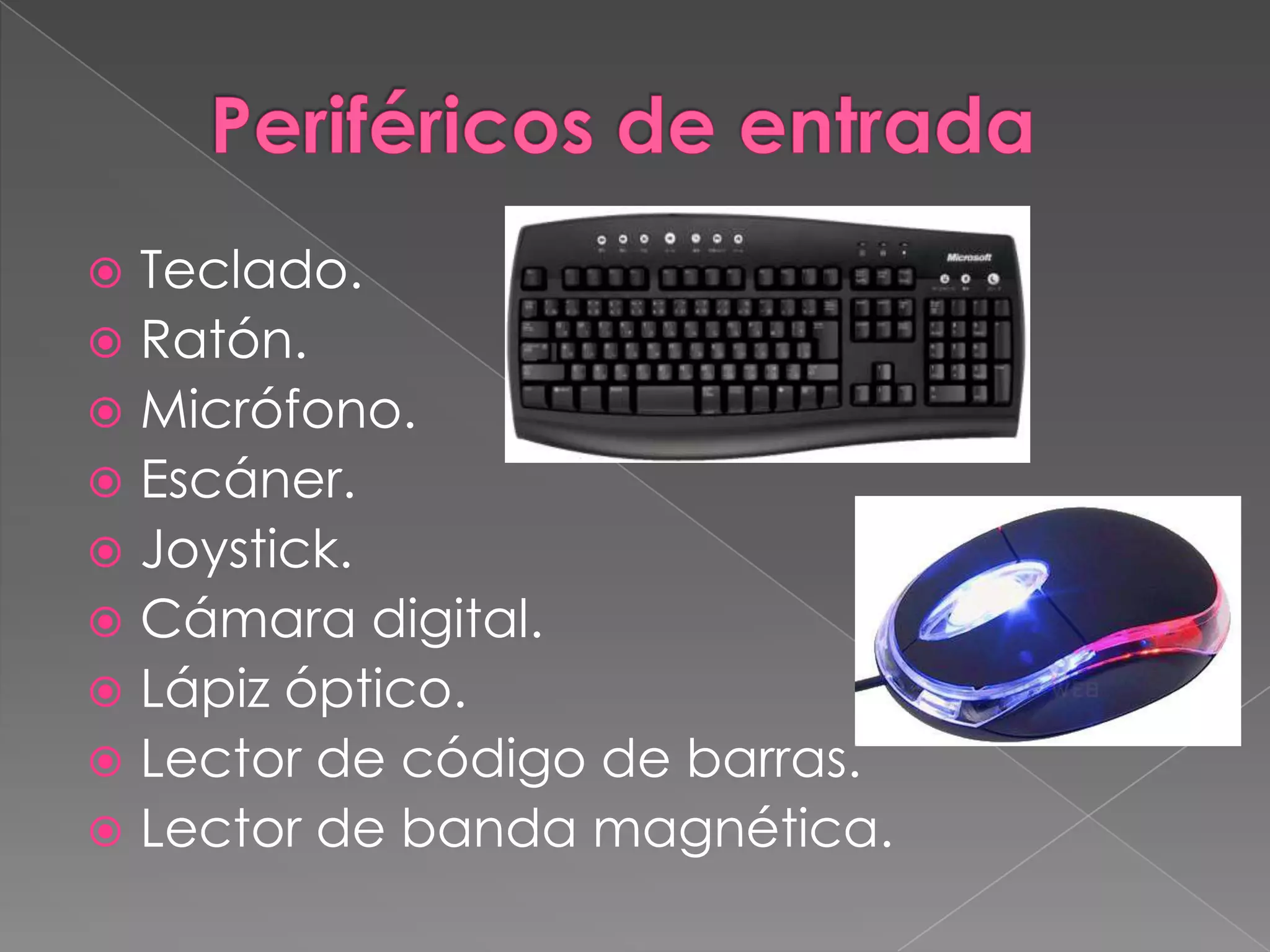  Teclado.
 Ratón.
 Micrófono.
 Escáner.
 Joystick.
 Cámara digital.
 Lápiz óptico.
 Lector de código de barras.
 Lector de banda magnética.
 