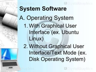 System Software
A. Operating System
1. With Graphical User
Interface (ex. Ubuntu
Linux)
2. Without Graphical User
Interface/Text Mode (ex.
Disk Operating System)
 