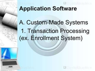 Application Software
A. Custom-Made Systems
1. Transaction Processing
(ex. Enrollment System)
 