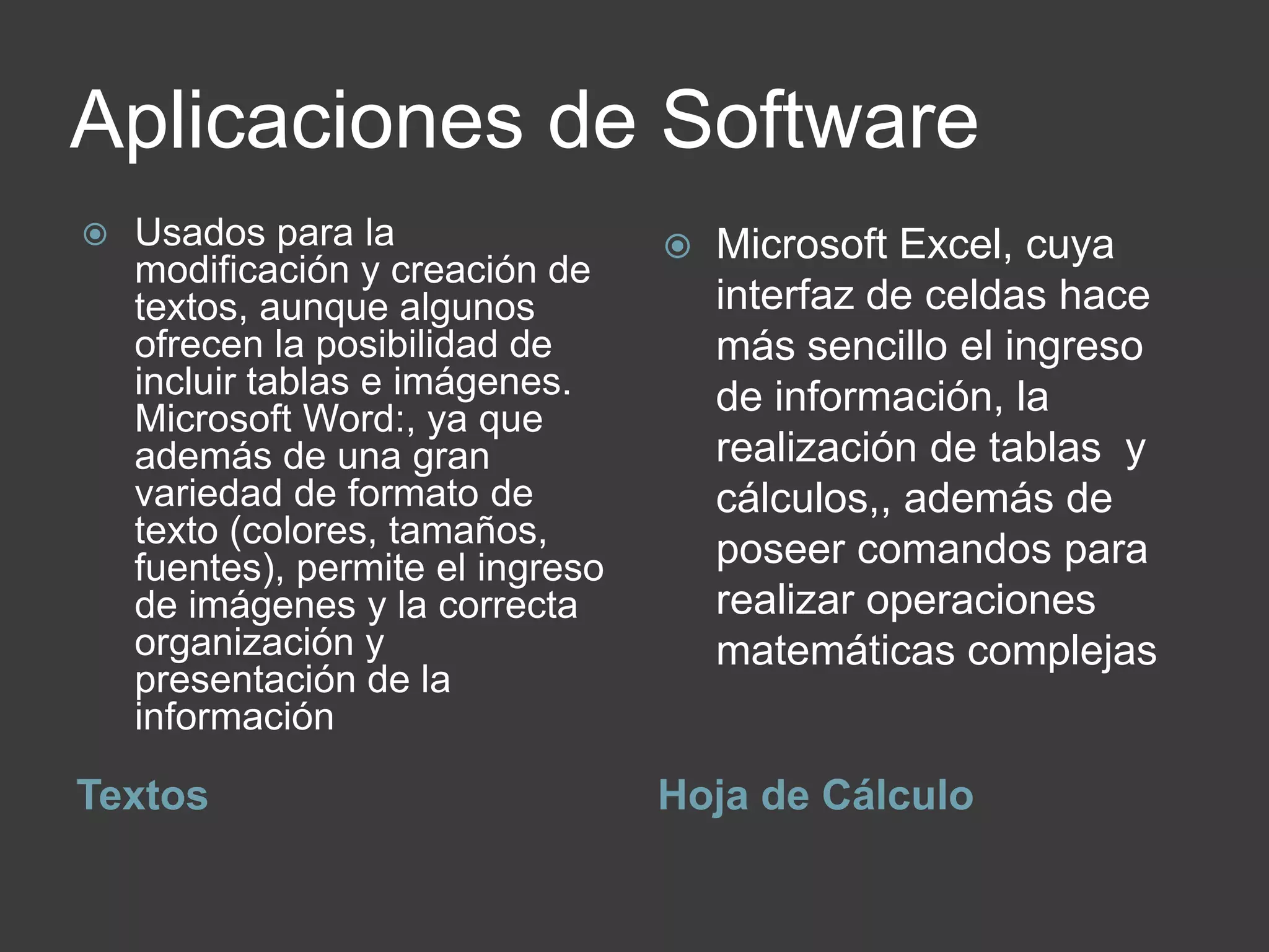 Aplicaciones de Software
Textos Hoja de Cálculo
 Usados para la
modificación y creación de
textos, aunque algunos
ofrecen la posibilidad de
incluir tablas e imágenes.
Microsoft Word:, ya que
además de una gran
variedad de formato de
texto (colores, tamaños,
fuentes), permite el ingreso
de imágenes y la correcta
organización y
presentación de la
información
 Microsoft Excel, cuya
interfaz de celdas hace
más sencillo el ingreso
de información, la
realización de tablas y
cálculos,, además de
poseer comandos para
realizar operaciones
matemáticas complejas
 