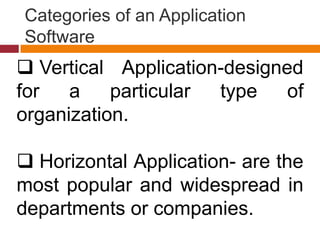 Categories of an Application
Software
 Vertical Application-designed
for a particular type of
organization.
 Horizontal Application- are the
most popular and widespread in
departments or companies.
 