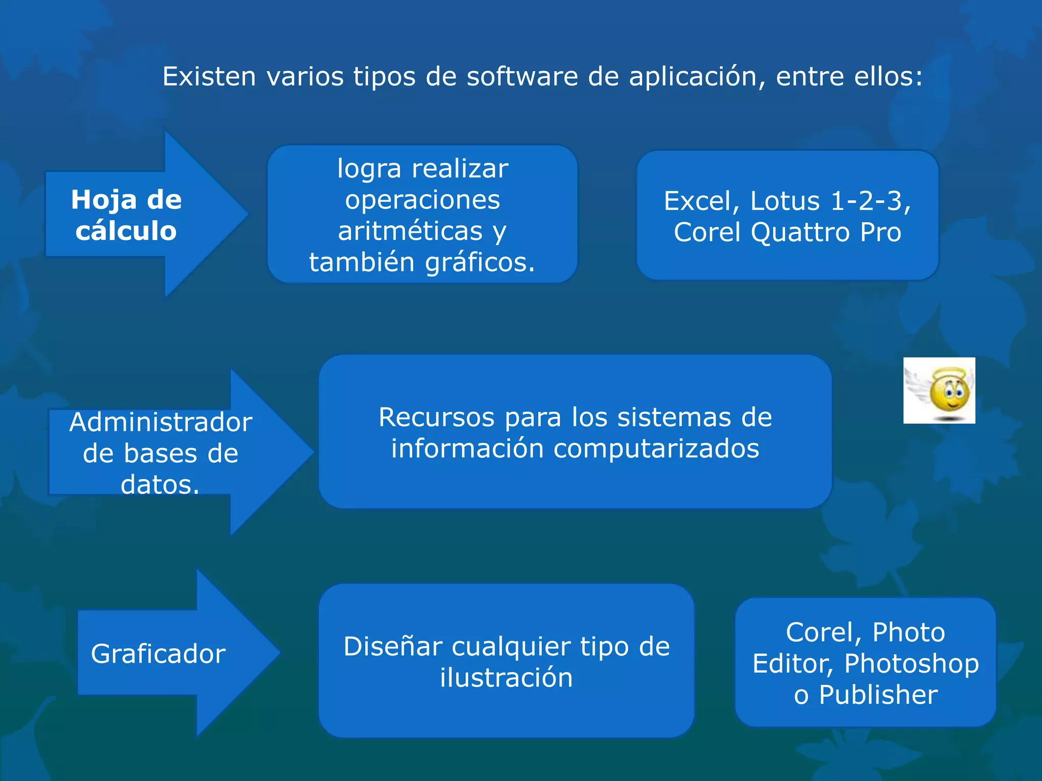 Existen varios tipos de software de aplicación, entre ellos:

Hoja de
cálculo

Administrador
de bases de
datos.

Graficador

logra realizar
operaciones
aritméticas y
también gráficos.

Excel, Lotus 1-2-3,
Corel Quattro Pro

Recursos para los sistemas de
información computarizados

Diseñar cualquier tipo de
ilustración

Corel, Photo
Editor, Photoshop
o Publisher

 