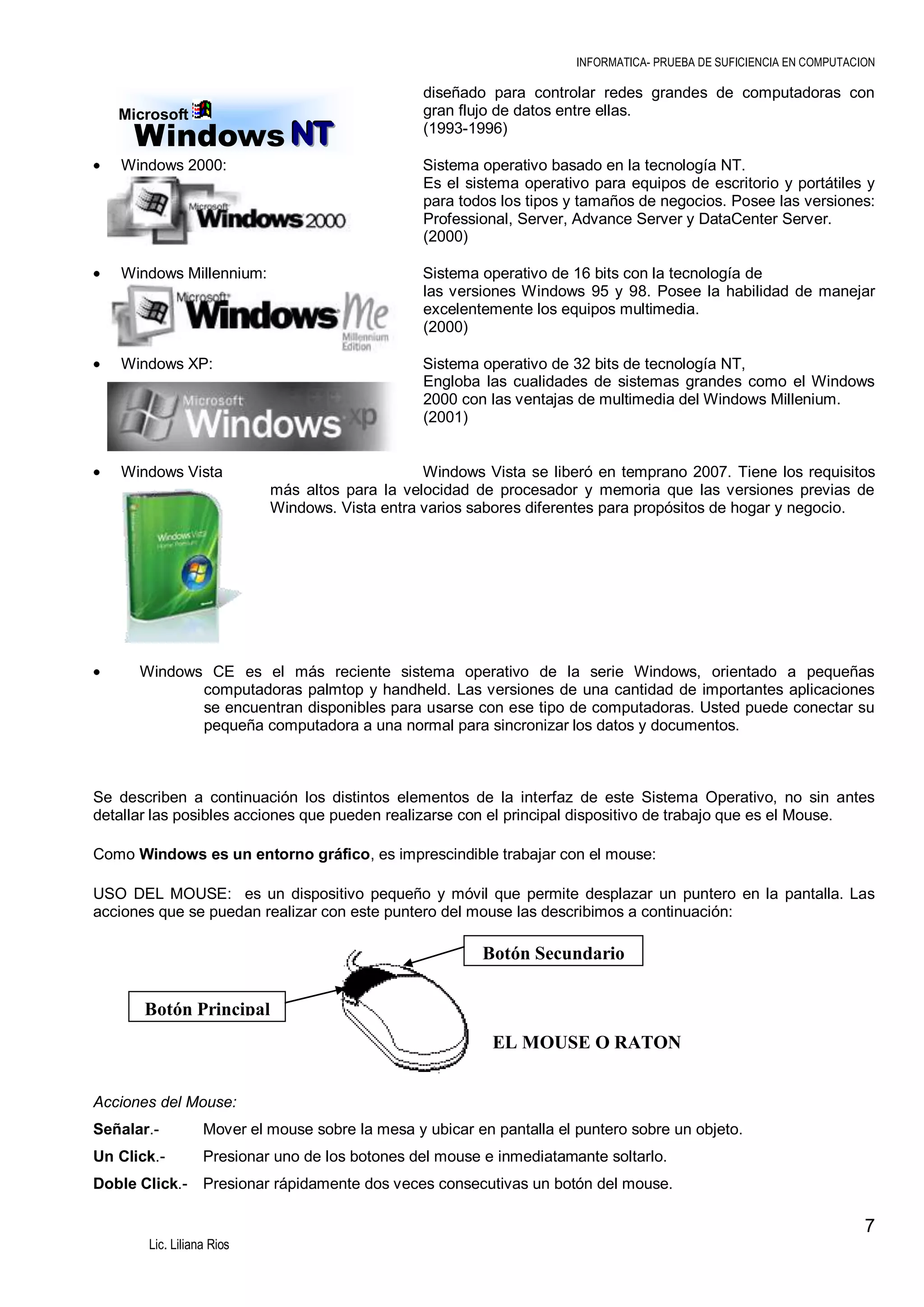 INFORMATICA- PRUEBA DE SUFICIENCIA EN COMPUTACION

Microsoft

Windows NT

diseñado para controlar redes grandes de computadoras con
gran flujo de datos entre ellas.
(1993-1996)

Windows 2000:

Sistema operativo basado en la tecnología NT.
Es el sistema operativo para equipos de escritorio y portátiles y
para todos los tipos y tamaños de negocios. Posee las versiones:
Professional, Server, Advance Server y DataCenter Server.
(2000)

Windows Millennium:

Sistema operativo de 16 bits con la tecnología de
las versiones Windows 95 y 98. Posee la habilidad de manejar
excelentemente los equipos multimedia.
(2000)

Windows XP:

Sistema operativo de 32 bits de tecnología NT,
Engloba las cualidades de sistemas grandes como el Windows
2000 con las ventajas de multimedia del Windows Millenium.
(2001)

Windows Vista

Windows Vista se liberó en temprano 2007. Tiene los requisitos
más altos para la velocidad de procesador y memoria que las versiones previas de
Windows. Vista entra varios sabores diferentes para propósitos de hogar y negocio.

Windows CE es el más reciente sistema operativo de la serie Windows, orientado a pequeñas
computadoras palmtop y handheld. Las versiones de una cantidad de importantes aplicaciones
se encuentran disponibles para usarse con ese tipo de computadoras. Usted puede conectar su
pequeña computadora a una normal para sincronizar los datos y documentos.

Se describen a continuación los distintos elementos de la interfaz de este Sistema Operativo, no sin antes
detallar las posibles acciones que pueden realizarse con el principal dispositivo de trabajo que es el Mouse.
Como Windows es un entorno gráfico, es imprescindible trabajar con el mouse:
USO DEL MOUSE: es un dispositivo pequeño y móvil que permite desplazar un puntero en la pantalla. Las
acciones que se puedan realizar con este puntero del mouse las describimos a continuación:

Botón Secundario
Botón Principal
EL MOUSE O RATON
Acciones del Mouse:
Señalar.-

Mover el mouse sobre la mesa y ubicar en pantalla el puntero sobre un objeto.

Un Click.-

Presionar uno de los botones del mouse e inmediatamante soltarlo.

Doble Click.-

Presionar rápidamente dos veces consecutivas un botón del mouse.

7
Lic. Liliana Rios

 