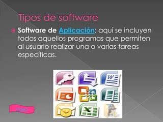 

Software de Aplicación: aquí se incluyen
todos aquellos programas que permiten
al usuario realizar una o varias tareas
específicas.

Video

 