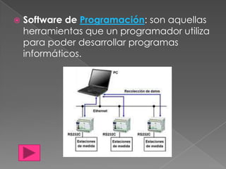 

Software de Programación: son aquellas
herramientas que un programador utiliza
para poder desarrollar programas
informáticos.

 