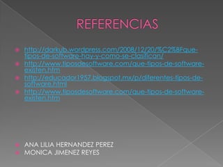 







http://darkub.wordpress.com/2008/12/20/%C2%BFquetipos-de-software-hay-y-como-se-clasifican/
http://www.tiposdesoftware.com/que-tipos-de-softwareexisten.htm
http://educador1957.blogspot.mx/p/diferentes-tipos-desoftware.html
http://www.tiposdesoftware.com/que-tipos-de-softwareexisten.htm

ANA LILIA HERNANDEZ PEREZ
MONICA JIMENEZ REYES

 
